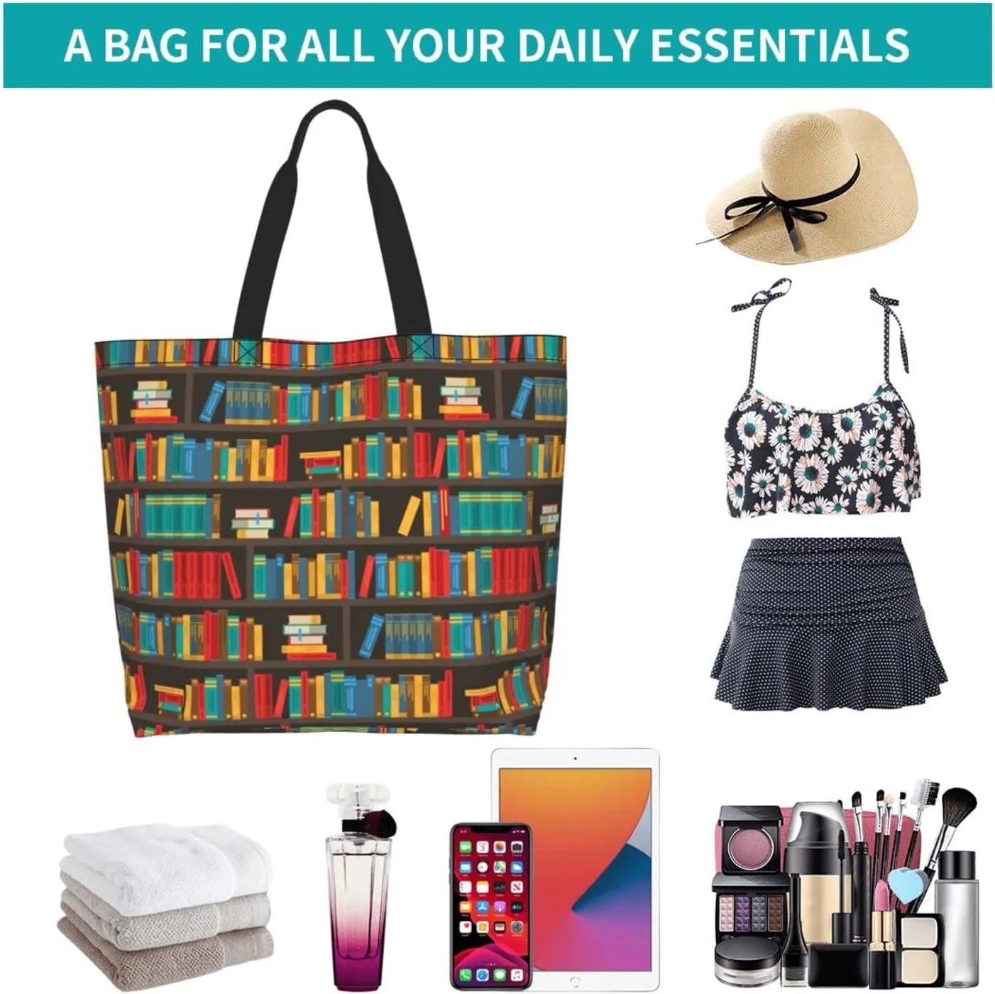 ASYG Books Tote Shoulder Bag Library Grocery Bags Storage Handle Shopping Bag Portable Cute Bag