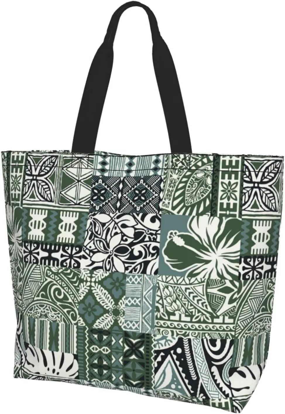 ASYG Hawaiian Flower Tote Shoulder Bag Tribe Pattern Grocery Bags Storage Handle Shopping Bag