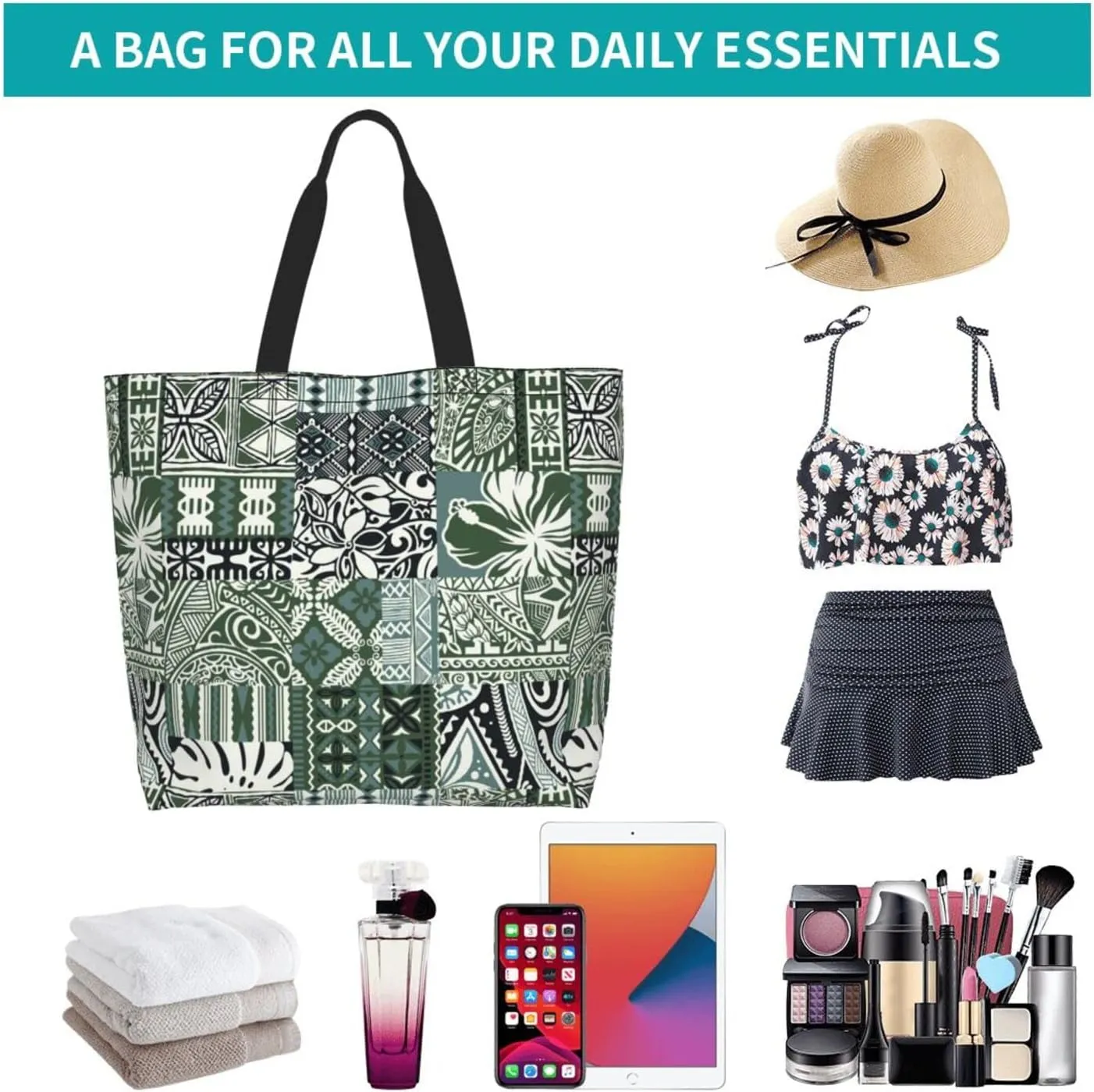 ASYG Hawaiian Flower Tote Shoulder Bag Tribe Pattern Grocery Bags Storage Handle Shopping Bag