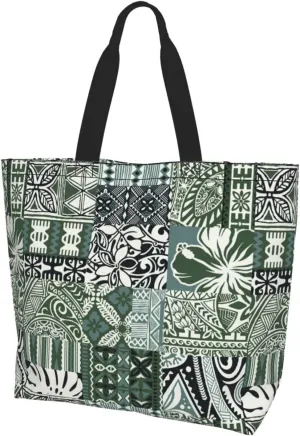 ASYG Hawaiian Flower Tote Shoulder Bag Tribe Pattern Grocery Bags Storage Handle Shopping Bag