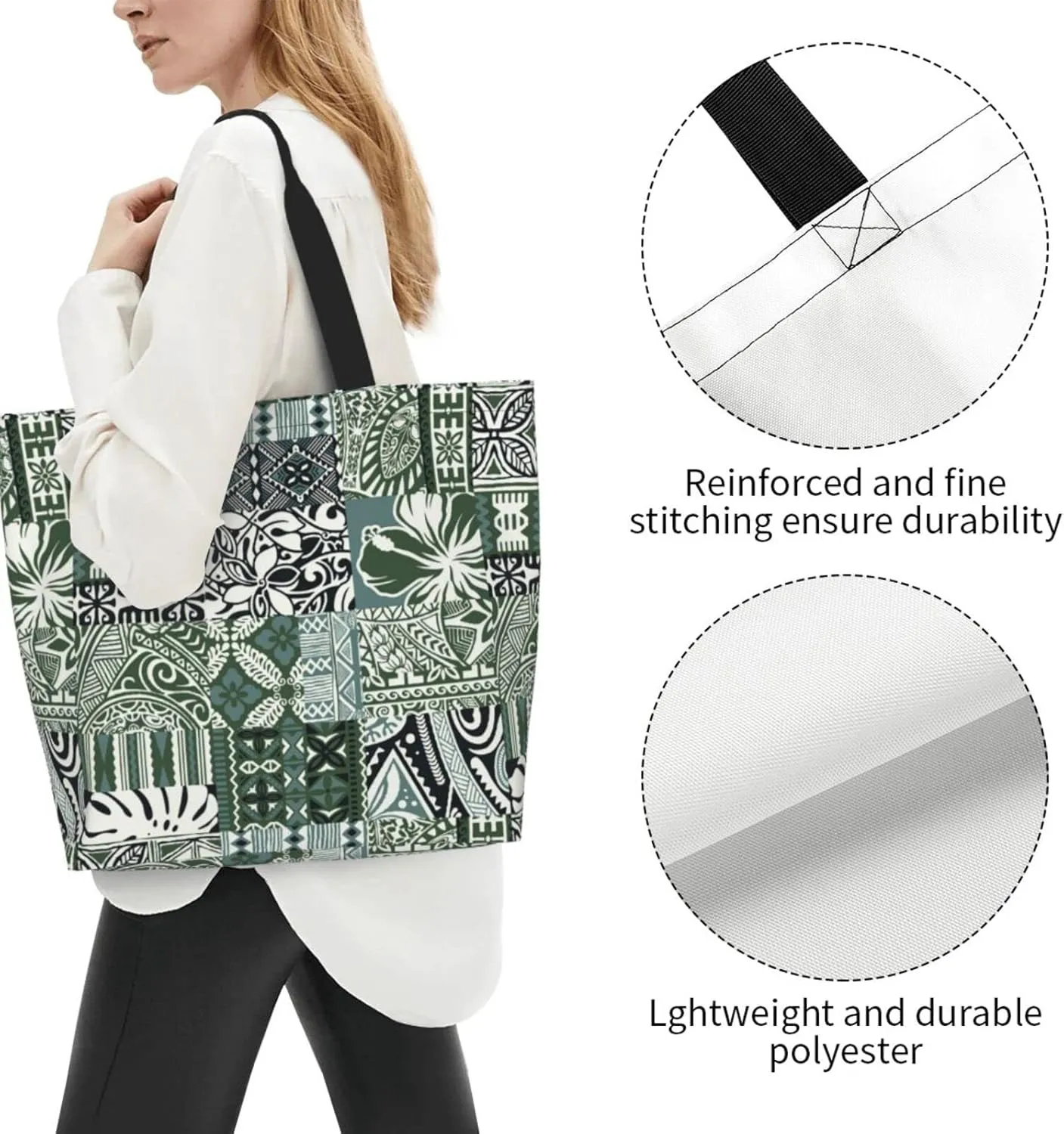 ASYG Hawaiian Flower Tote Shoulder Bag Tribe Pattern Grocery Bags Storage Handle Shopping Bag