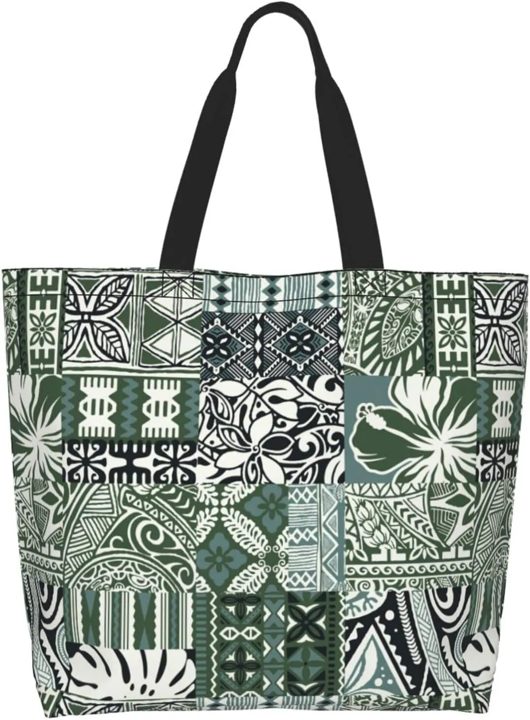 ASYG Hawaiian Flower Tote Shoulder Bag Tribe Pattern Grocery Bags Storage Handle Shopping Bag