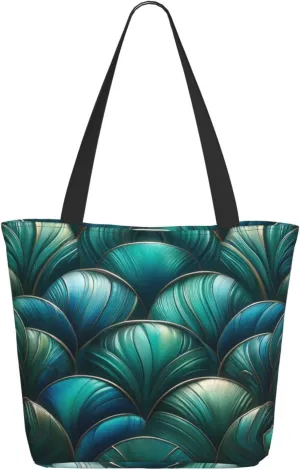 Augenstern Women Shoulder Bag Teal-Mermaid-Scales-Green Foldable Tote Bag With Zipper Closure Casual Shopping Purse Daily Bag
