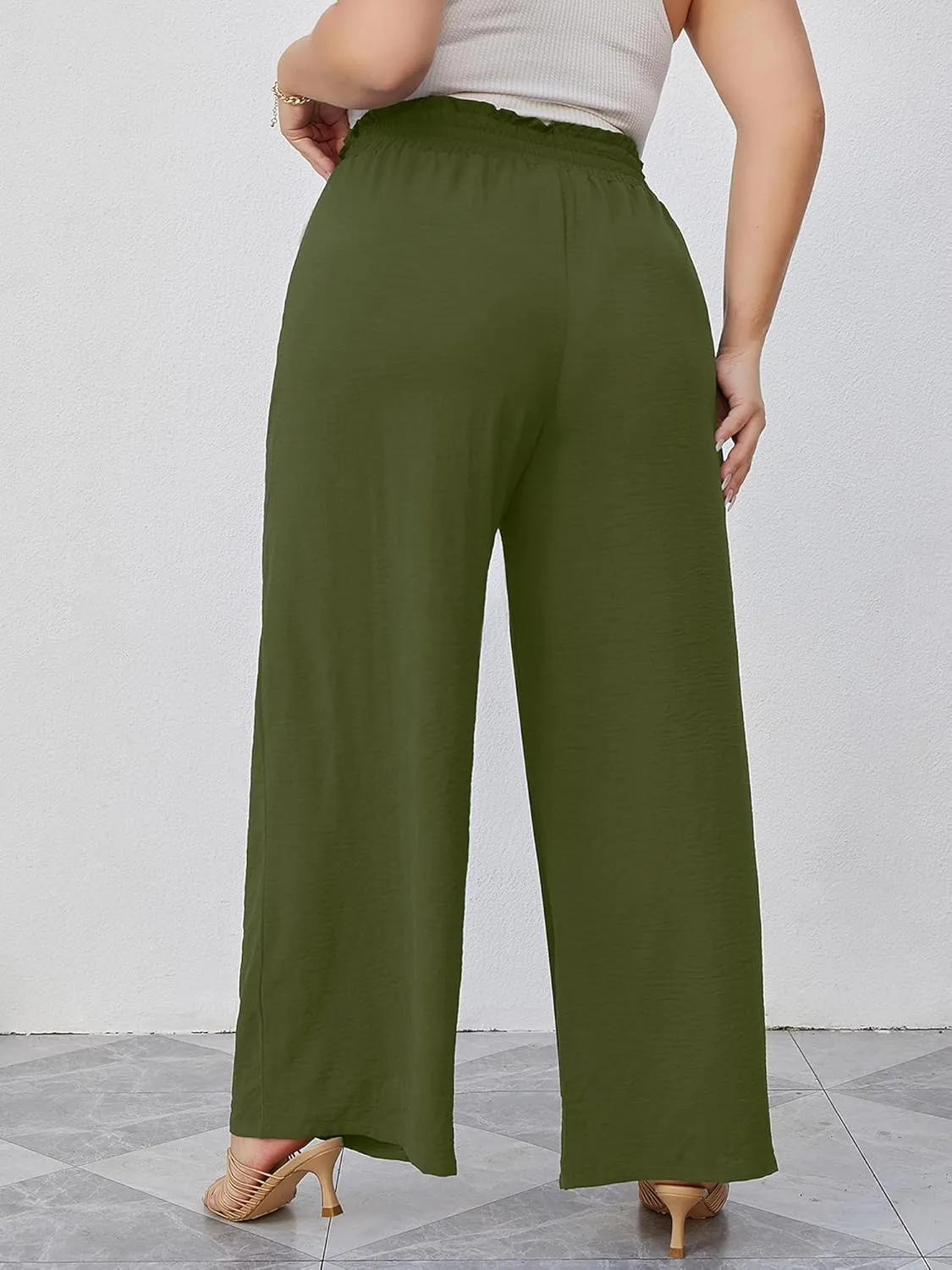 AusLook Women's Plus Size Wide Leg Lounge Pants with Pockets High Waisted Palazzo Adjustable Tie Knot Trousers