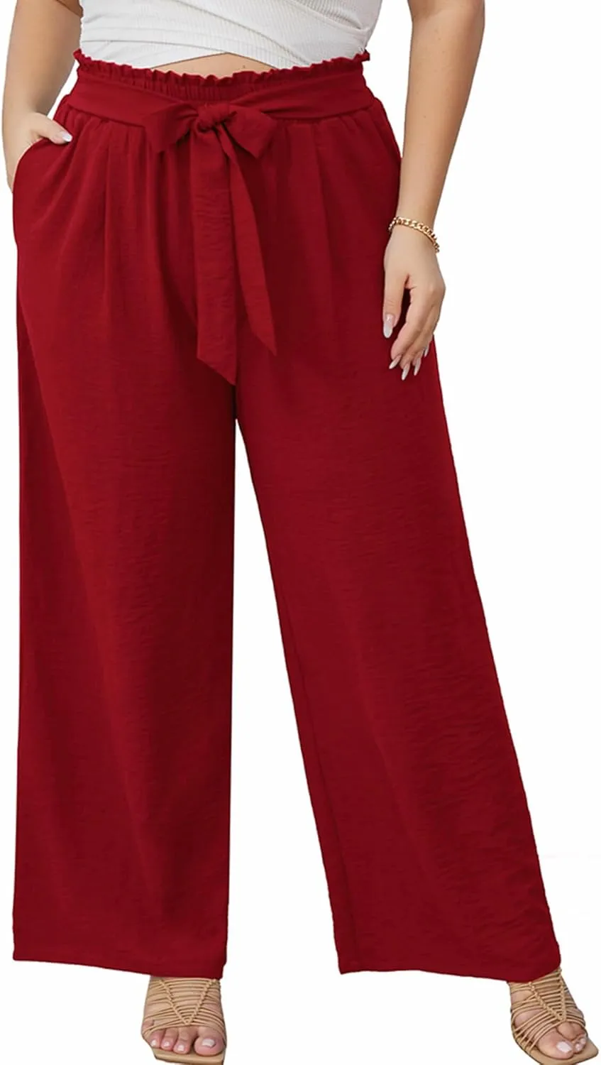 AusLook Women's Plus Size Wide Leg Lounge Pants with Pockets High Waisted Palazzo Adjustable Tie Knot Trousers