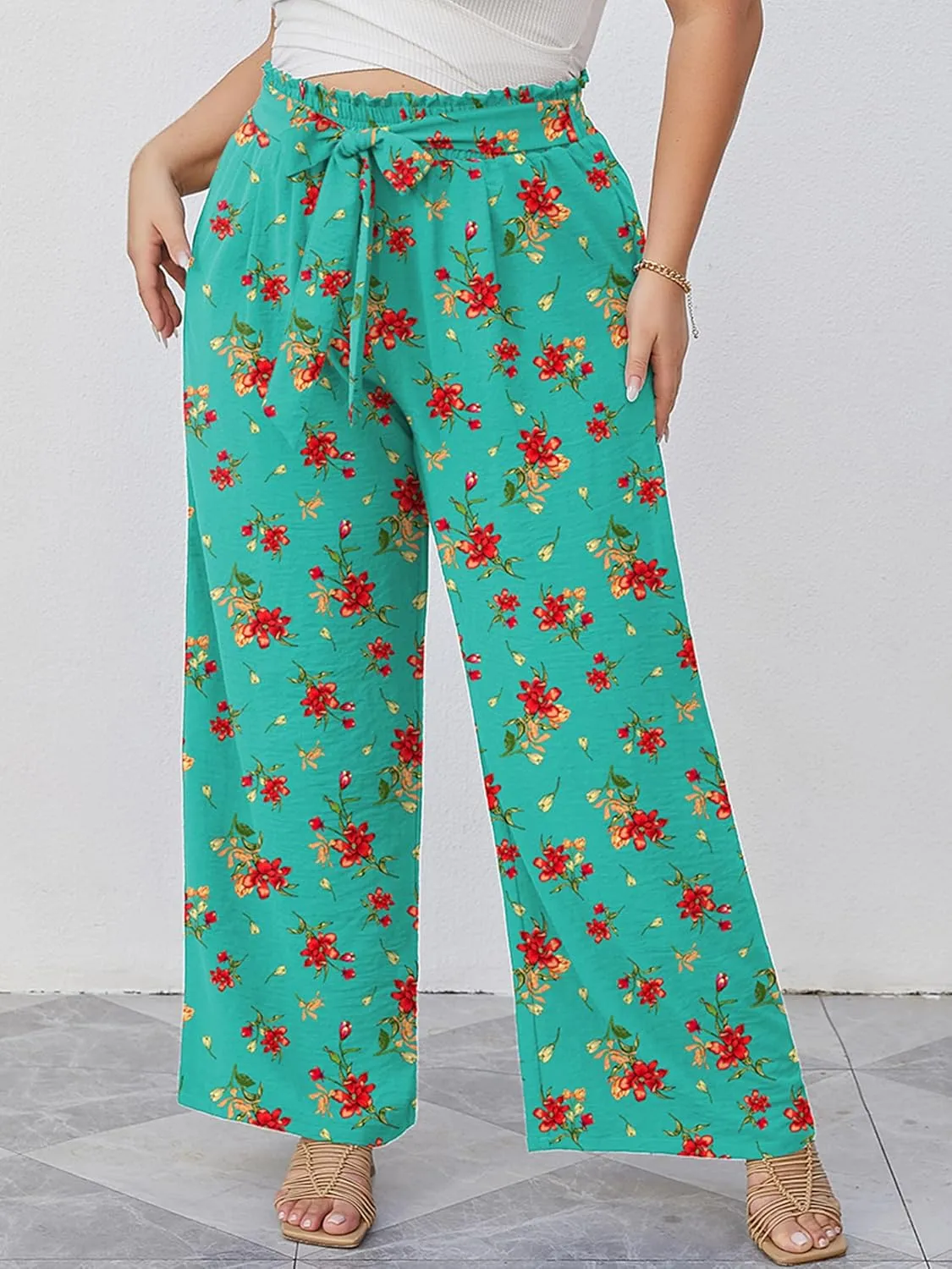 AusLook Women's Plus Size Wide Leg Lounge Pants with Pockets High Waisted Palazzo Adjustable Tie Knot Trousers