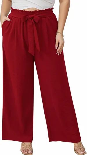 AusLook Women's Plus Size Wide Leg Lounge Pants with Pockets High Waisted Palazzo Adjustable Tie Knot Trousers