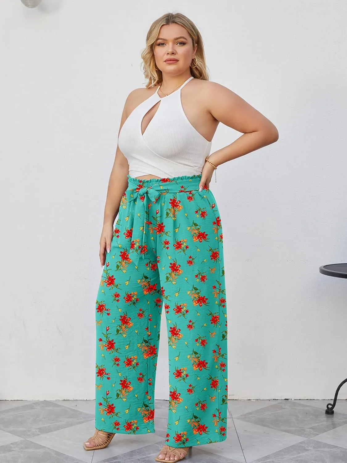 AusLook Women's Plus Size Wide Leg Lounge Pants with Pockets High Waisted Palazzo Adjustable Tie Knot Trousers