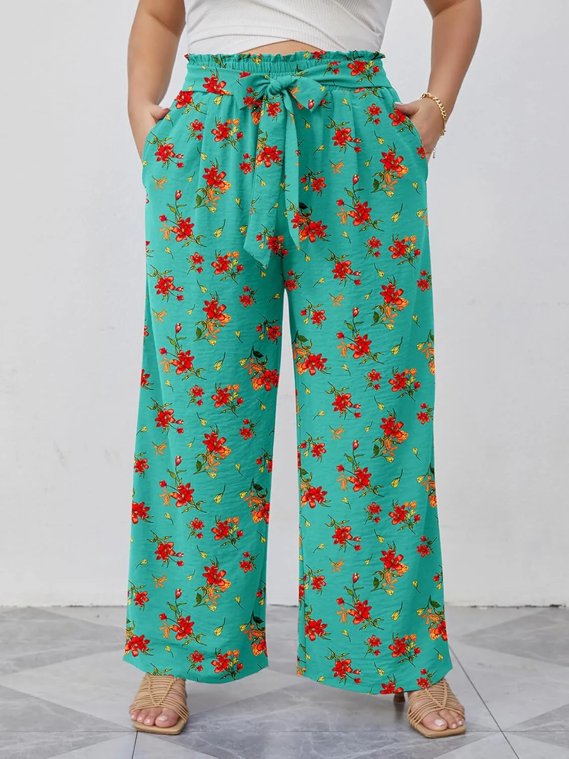 AusLook Women's Plus Size Wide Leg Lounge Pants with Pockets High Waisted Palazzo Adjustable Tie Knot Trousers