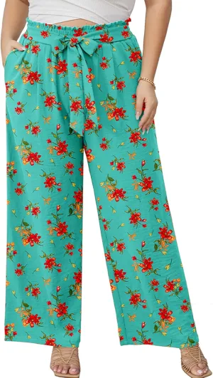 AusLook Women's Plus Size Wide Leg Lounge Pants with Pockets High Waisted Palazzo Adjustable Tie Knot Trousers