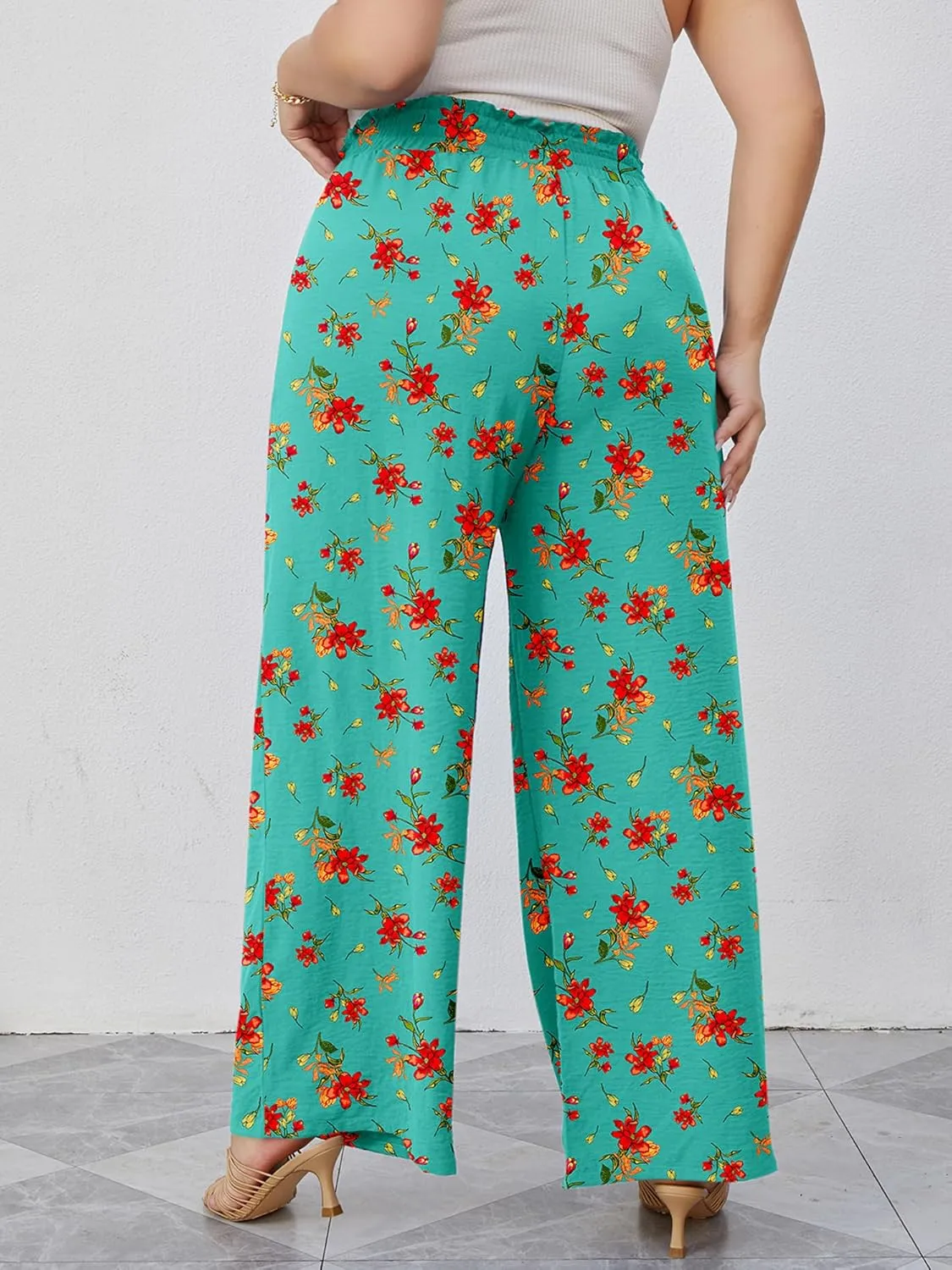 AusLook Women's Plus Size Wide Leg Lounge Pants with Pockets High Waisted Palazzo Adjustable Tie Knot Trousers
