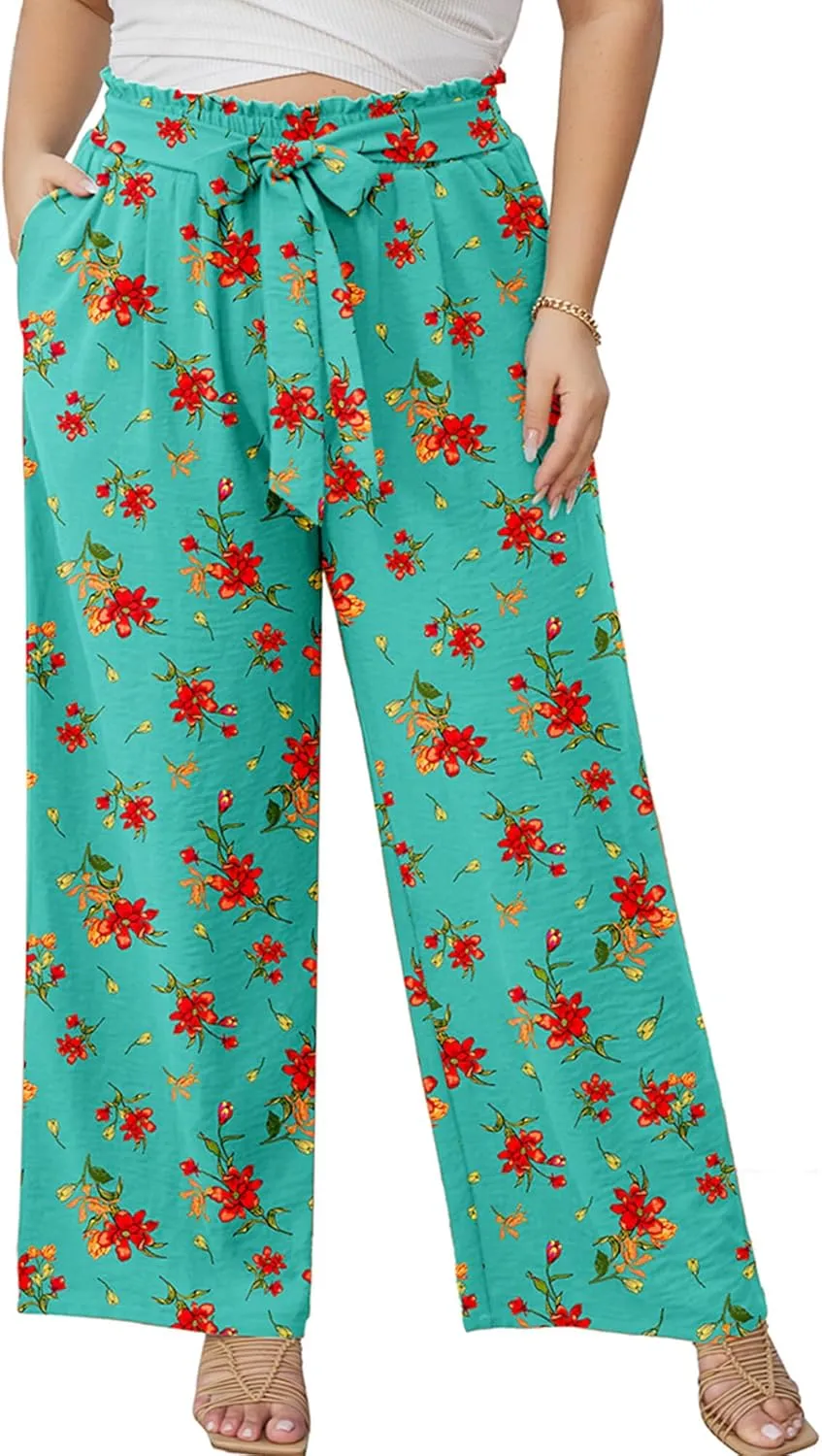 AusLook Women's Plus Size Wide Leg Lounge Pants with Pockets High Waisted Palazzo Adjustable Tie Knot Trousers