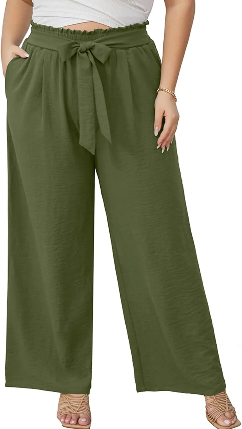 AusLook Women's Plus Size Wide Leg Lounge Pants with Pockets High Waisted Palazzo Adjustable Tie Knot Trousers
