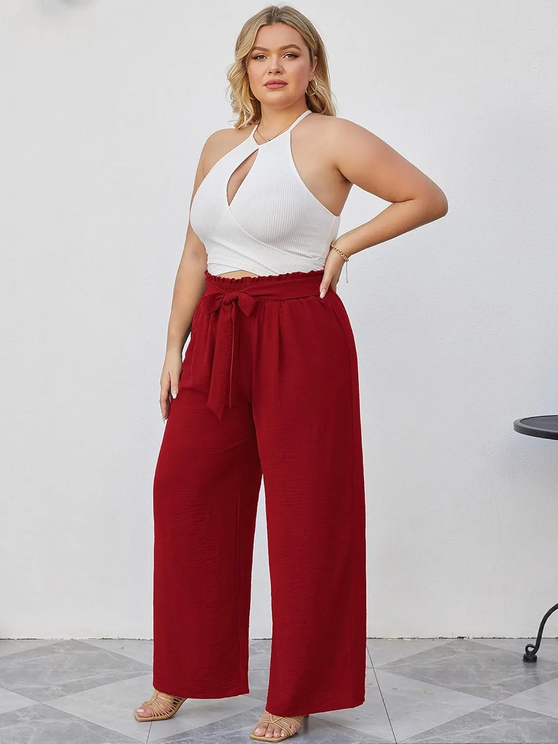 AusLook Women's Plus Size Wide Leg Lounge Pants with Pockets High Waisted Palazzo Adjustable Tie Knot Trousers