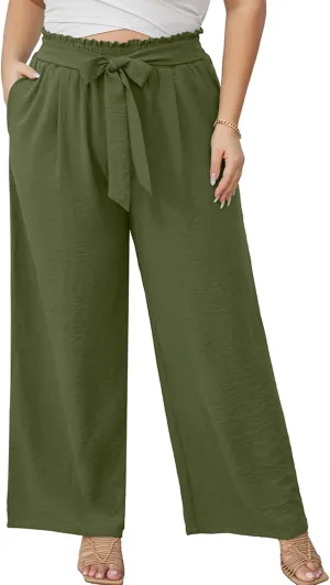 AusLook Women's Plus Size Wide Leg Lounge Pants with Pockets High Waisted Palazzo Adjustable Tie Knot Trousers