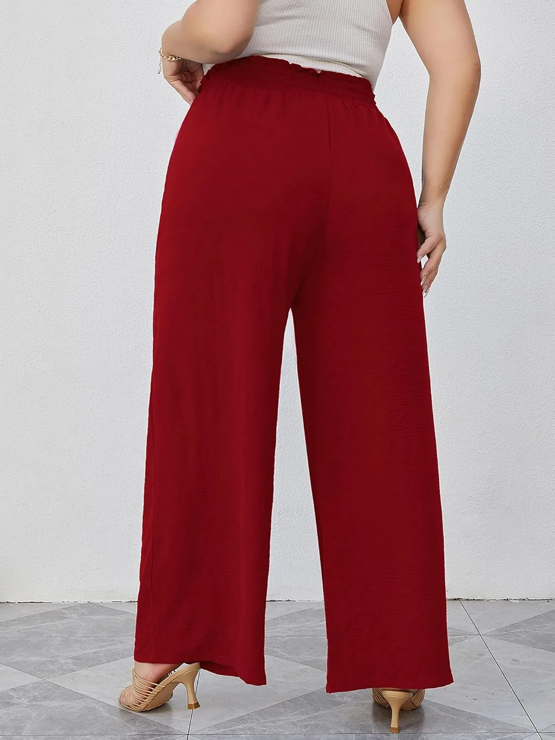 AusLook Women's Plus Size Wide Leg Lounge Pants with Pockets High Waisted Palazzo Adjustable Tie Knot Trousers