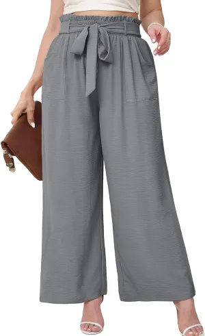 AusLook Women's Plus Size Wide Leg Pants with Pockets Dark Grey 4X Lightweight High Waisted Tie Knot Paperbag Dressy Palazzo Loose Paper Bag Comfy Business Casual Work Flowy Dress Ladies' Trousers