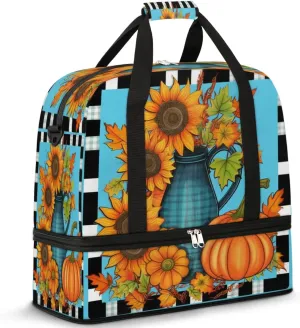 Autumn Pumpkin Daisy Sports Gym Bag with Shoes Compartment Foldable Travel Duffel Bag Dry Wet Separated Sports Tote Workout Weekender Overnight Bag for Women Yoga Dance Work Training Handbag
