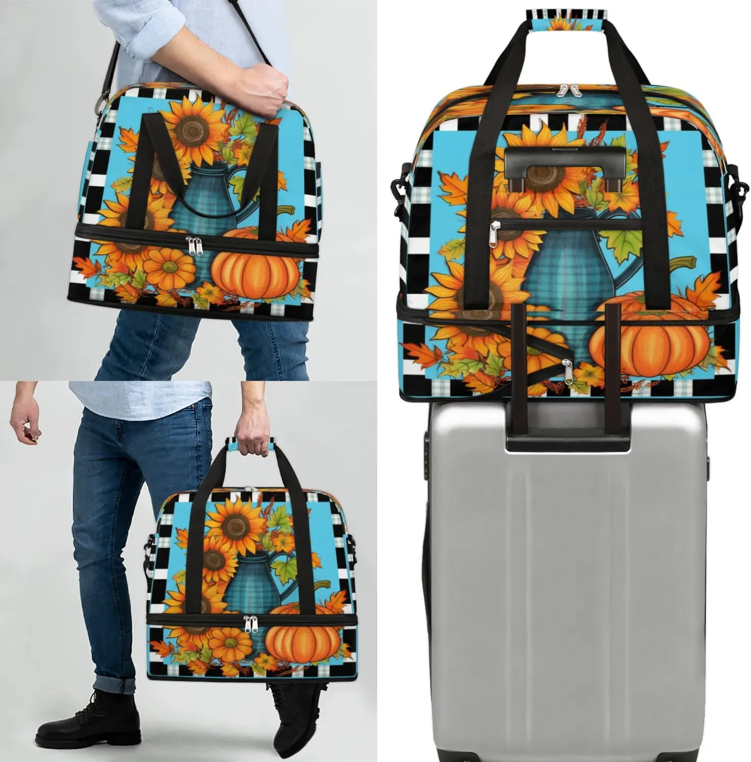 Autumn Pumpkin Daisy Sports Gym Bag with Shoes Compartment Foldable Travel Duffel Bag Dry Wet Separated Sports Tote Workout Weekender Overnight Bag for Women Yoga Dance Work Training Handbag