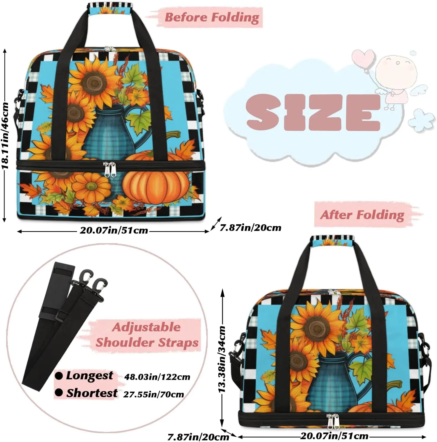 Autumn Pumpkin Daisy Sports Gym Bag with Shoes Compartment Foldable Travel Duffel Bag Dry Wet Separated Sports Tote Workout Weekender Overnight Bag for Women Yoga Dance Work Training Handbag