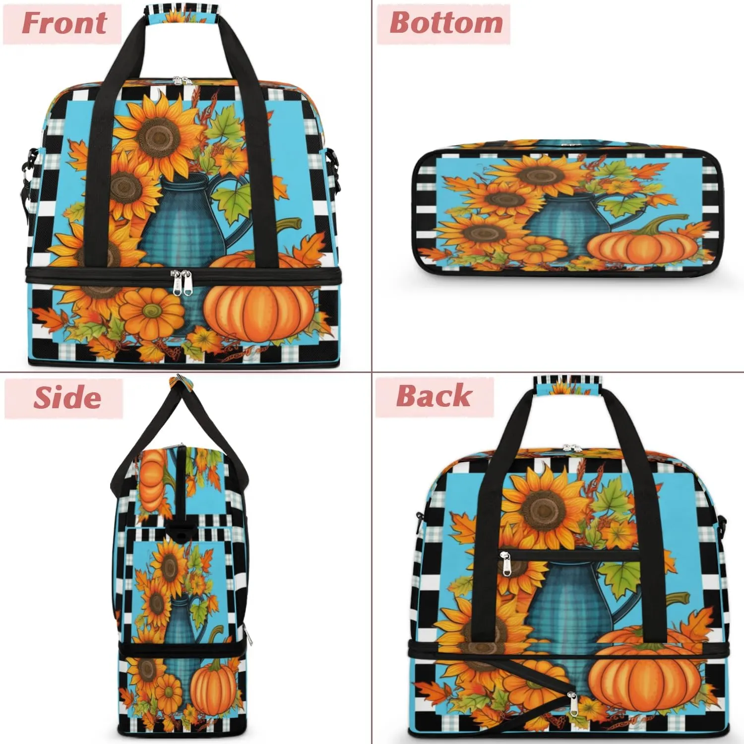Autumn Pumpkin Daisy Sports Gym Bag with Shoes Compartment Foldable Travel Duffel Bag Dry Wet Separated Sports Tote Workout Weekender Overnight Bag for Women Yoga Dance Work Training Handbag