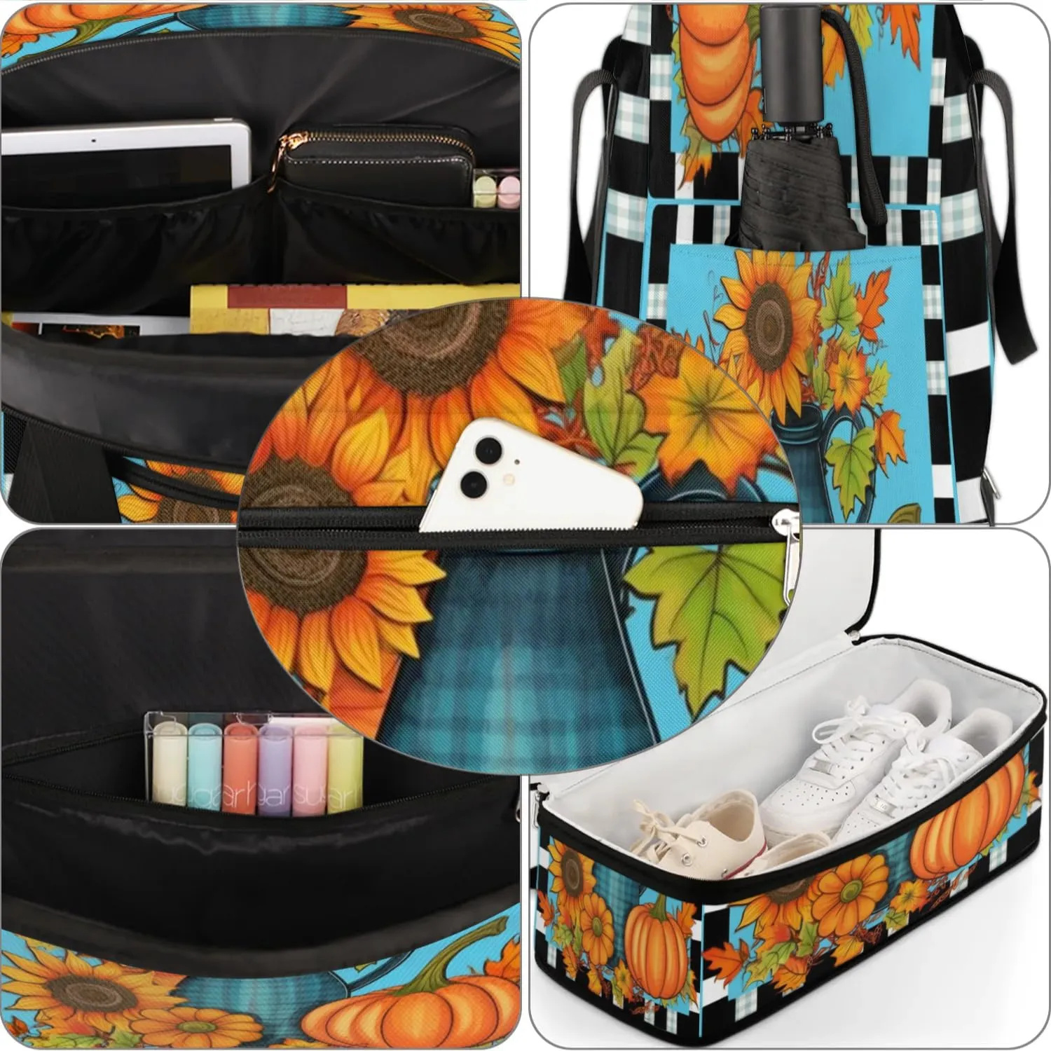 Autumn Pumpkin Daisy Sports Gym Bag with Shoes Compartment Foldable Travel Duffel Bag Dry Wet Separated Sports Tote Workout Weekender Overnight Bag for Women Yoga Dance Work Training Handbag