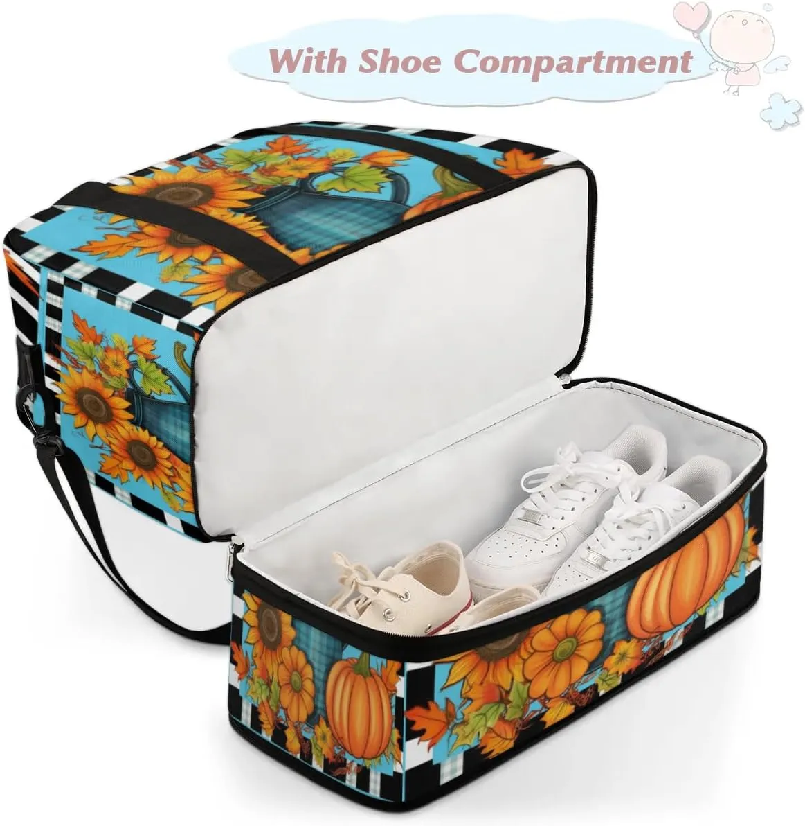 Autumn Pumpkin Daisy Sports Gym Bag with Shoes Compartment Foldable Travel Duffel Bag Dry Wet Separated Sports Tote Workout Weekender Overnight Bag for Women Yoga Dance Work Training Handbag