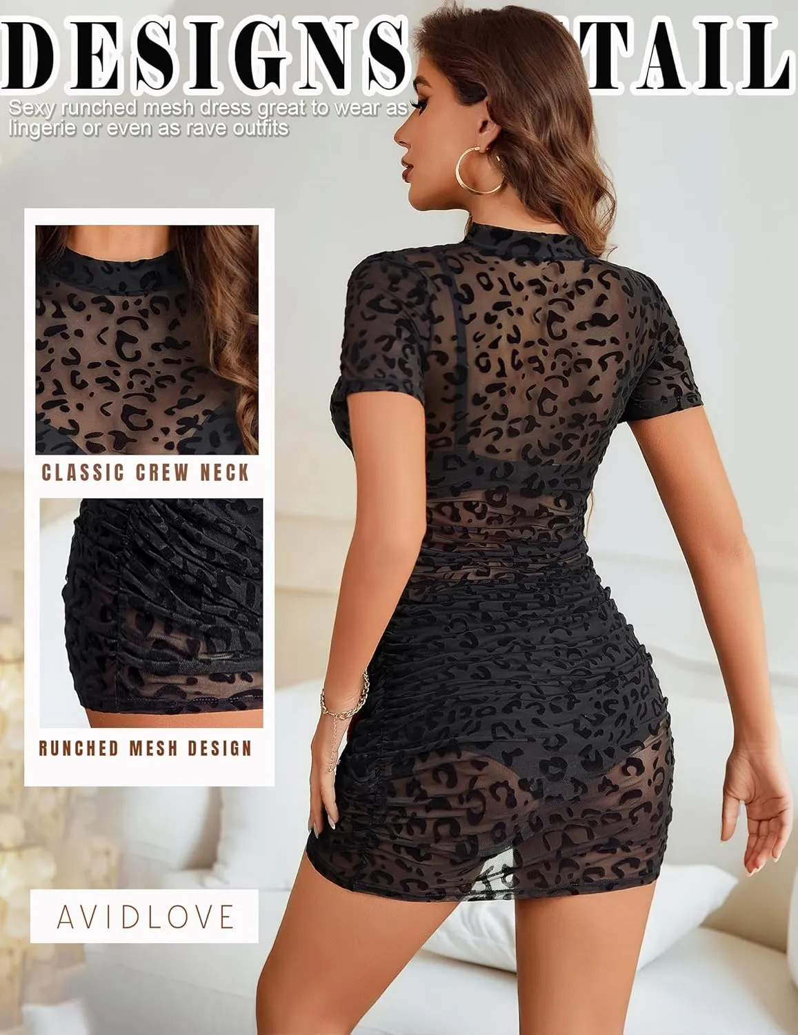 Avidlove Women's Mesh Dress Bodycon Mini Lingerie Dress Sexy Short Sleeve Mock Neck Ruched Party Clubwear Outfits S-XXL