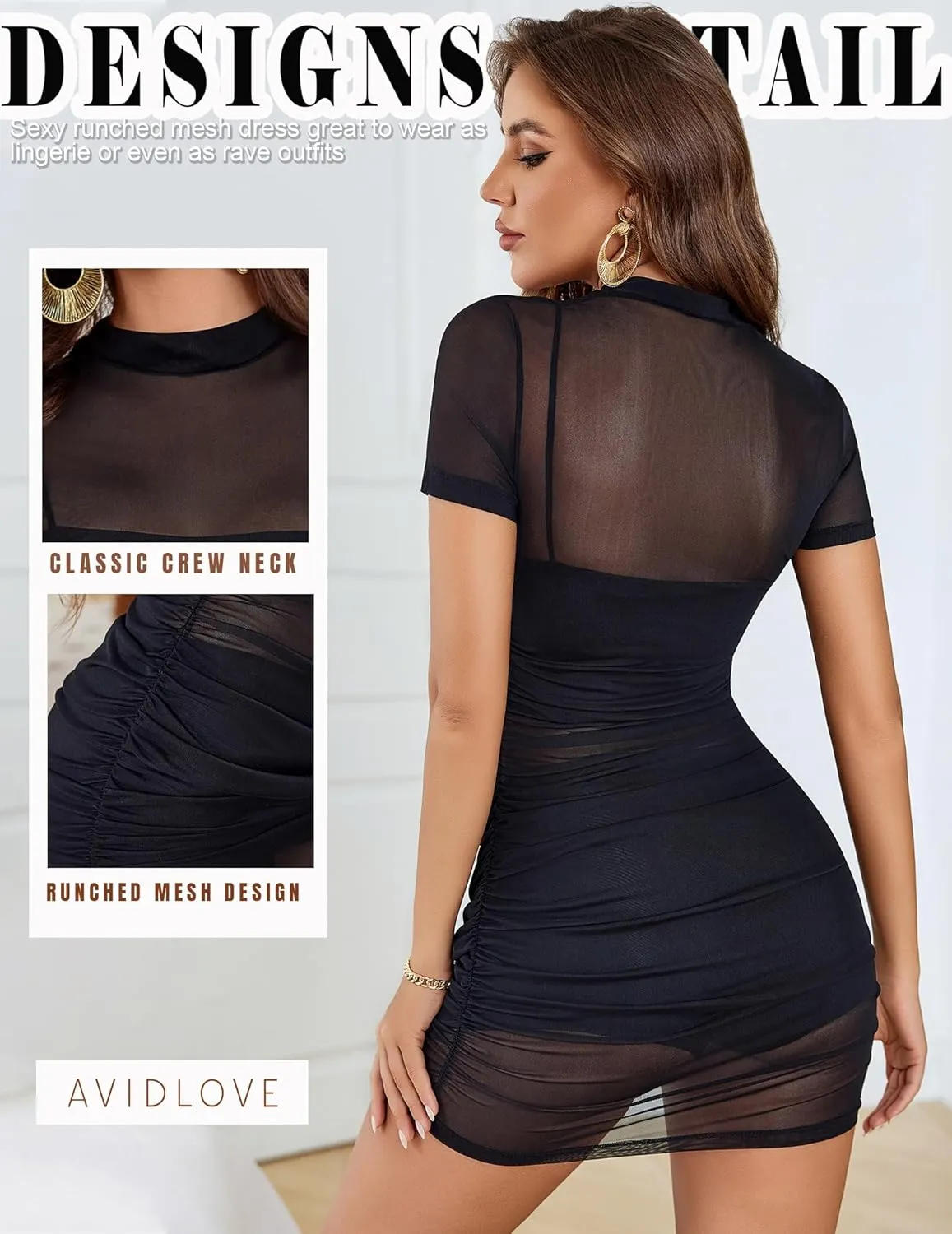 Avidlove Women's Mesh Dress Bodycon Mini Lingerie Dress Sexy Short Sleeve Mock Neck Ruched Party Clubwear Outfits S-XXL