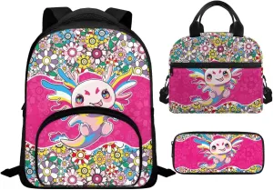 Axolotl Backpack for Girls Preschool Lightweight Bookbag with Lunch Box and Pencil Case 3PCS School Back Pack Set for Little Girls Picnic Travel or Hiking Outdoor Sports