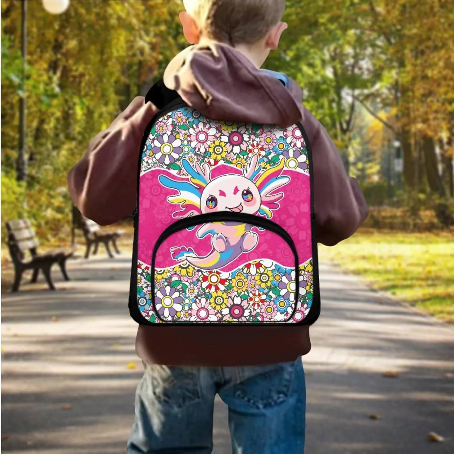 Axolotl Backpack for Girls Preschool Lightweight Bookbag with Lunch Box and Pencil Case 3PCS School Back Pack Set for Little Girls Picnic Travel or Hiking Outdoor Sports
