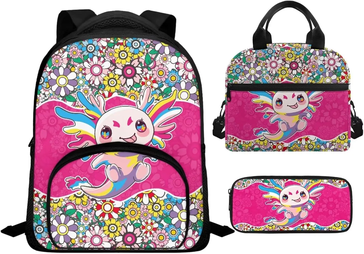 Axolotl Backpack for Girls Preschool Lightweight Bookbag with Lunch Box and Pencil Case 3PCS School Back Pack Set for Little Girls Picnic Travel or Hiking Outdoor Sports