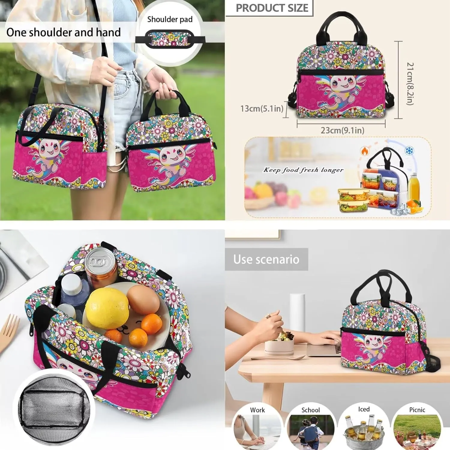 Axolotl Backpack for Girls Preschool Lightweight Bookbag with Lunch Box and Pencil Case 3PCS School Back Pack Set for Little Girls Picnic Travel or Hiking Outdoor Sports