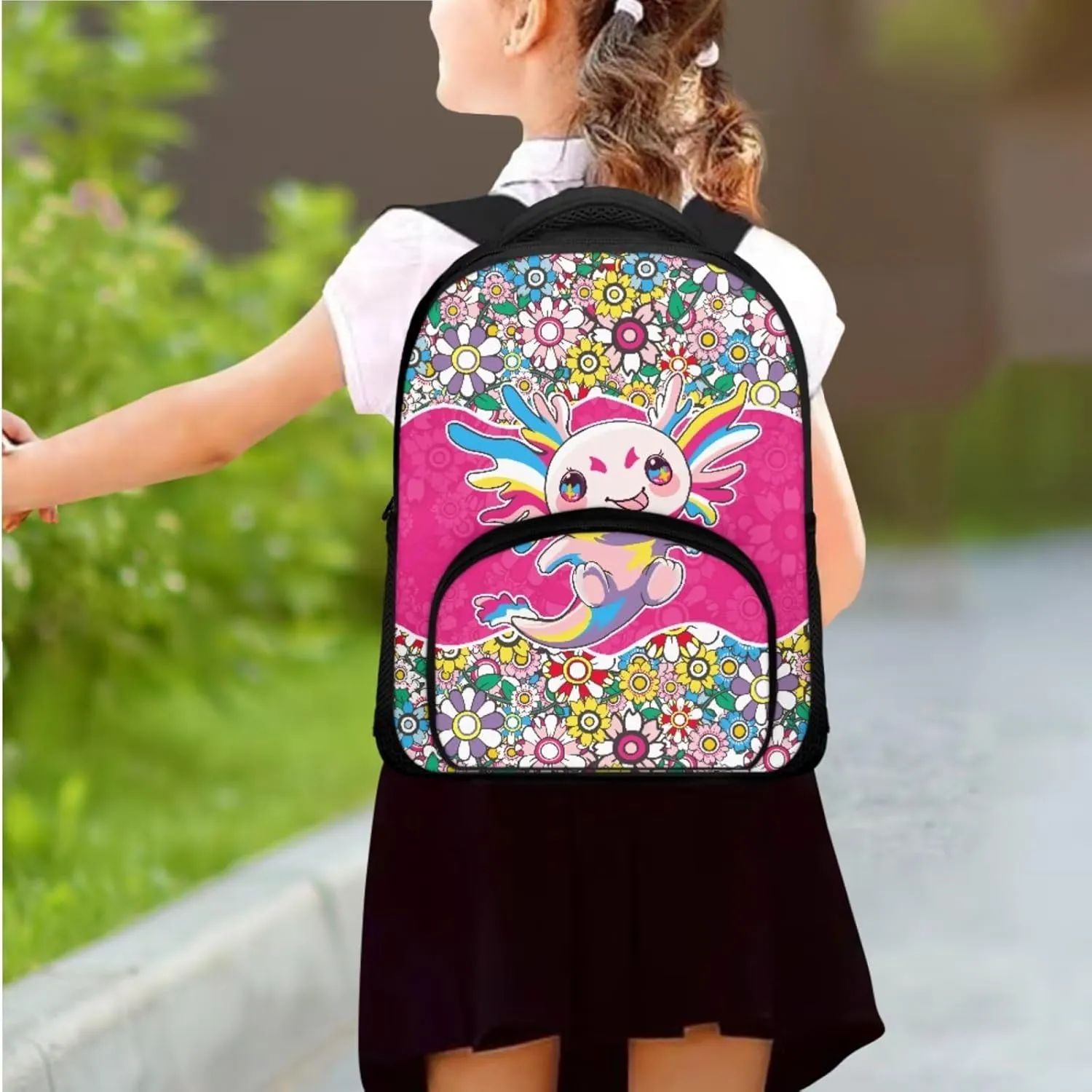 Axolotl Backpack for Girls Preschool Lightweight Bookbag with Lunch Box and Pencil Case 3PCS School Back Pack Set for Little Girls Picnic Travel or Hiking Outdoor Sports