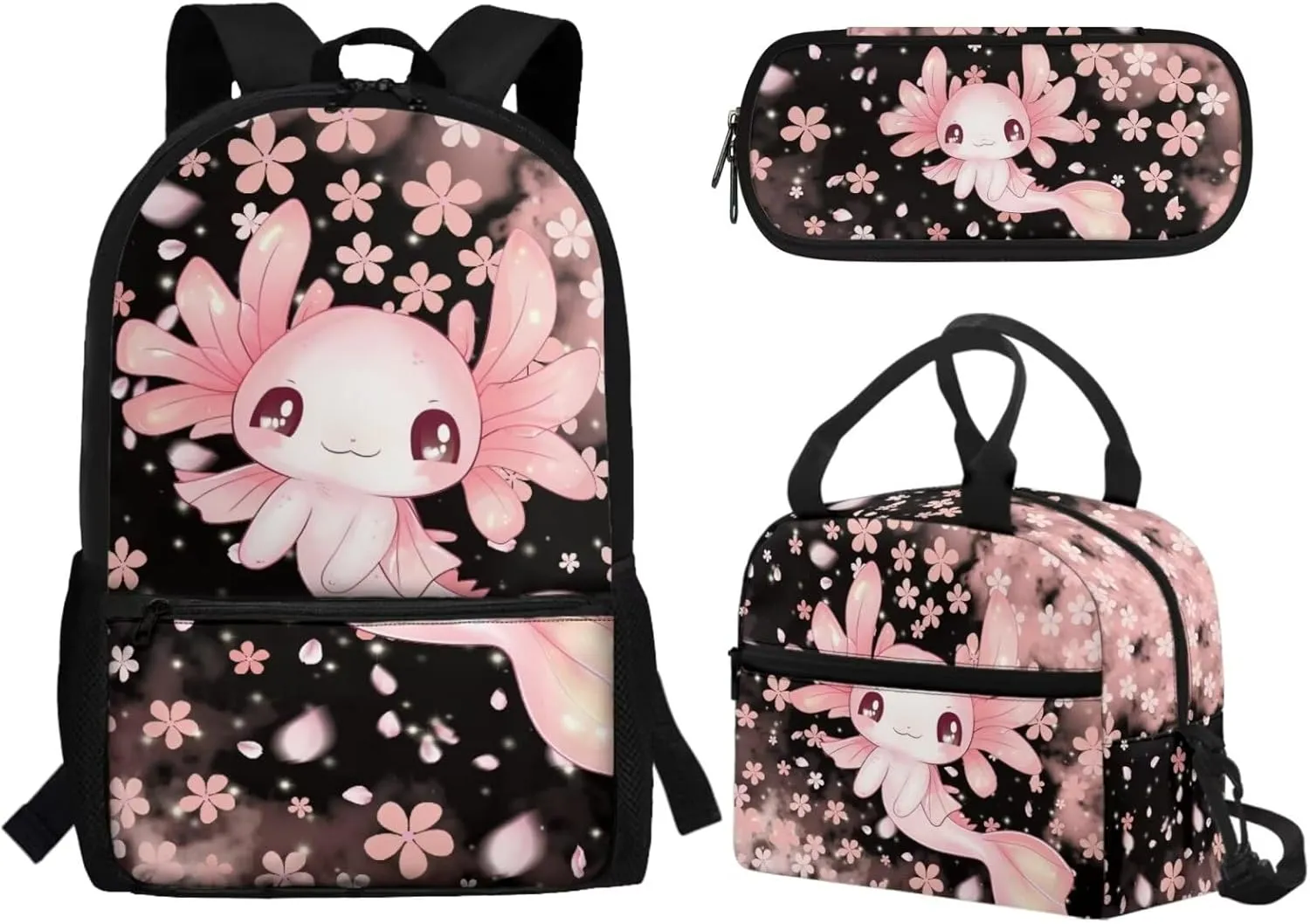 Axolotl Backpack for School Girls Bookbags with Lunch Box and Pencil Case Cherry Blossoms Middle Elementary School Bag Rucksack for Kids Child Back to School Daycare Bag Satchel