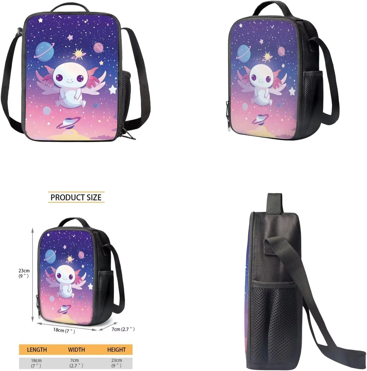 Axolotl Schoolbag Girls Elementary Backpack Girls 6Th Grade Large Capacity Shoulder Bag with Lunch Box Pencil Case Water Bottle Sleeve 4Pcs Set Bookbag for Camping Travel Sports
