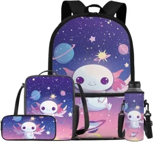 Axolotl Schoolbag Girls Elementary Backpack Girls 6Th Grade Large Capacity Shoulder Bag with Lunch Box Pencil Case Water Bottle Sleeve 4Pcs Set Bookbag for Camping Travel Sports