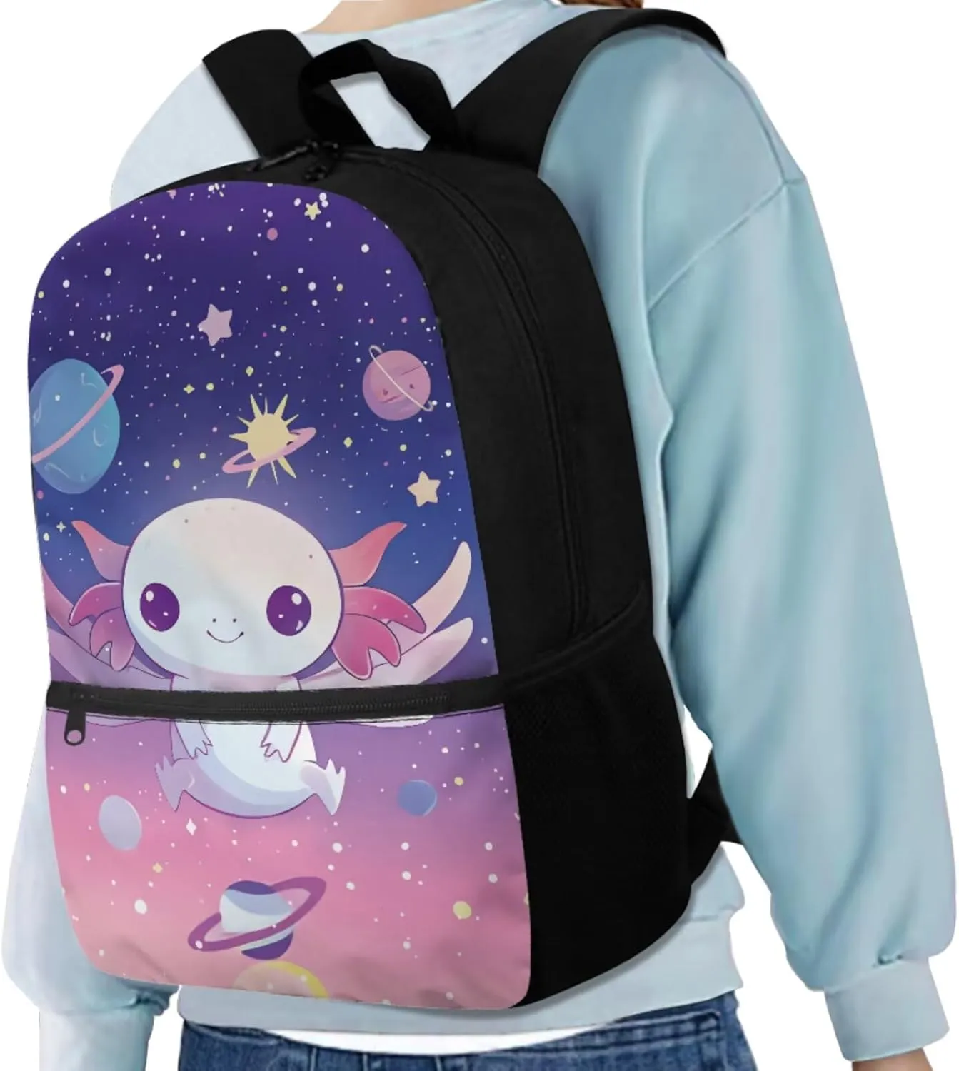 Axolotl Schoolbag Girls Elementary Backpack Girls 6Th Grade Large Capacity Shoulder Bag with Lunch Box Pencil Case Water Bottle Sleeve 4Pcs Set Bookbag for Camping Travel Sports