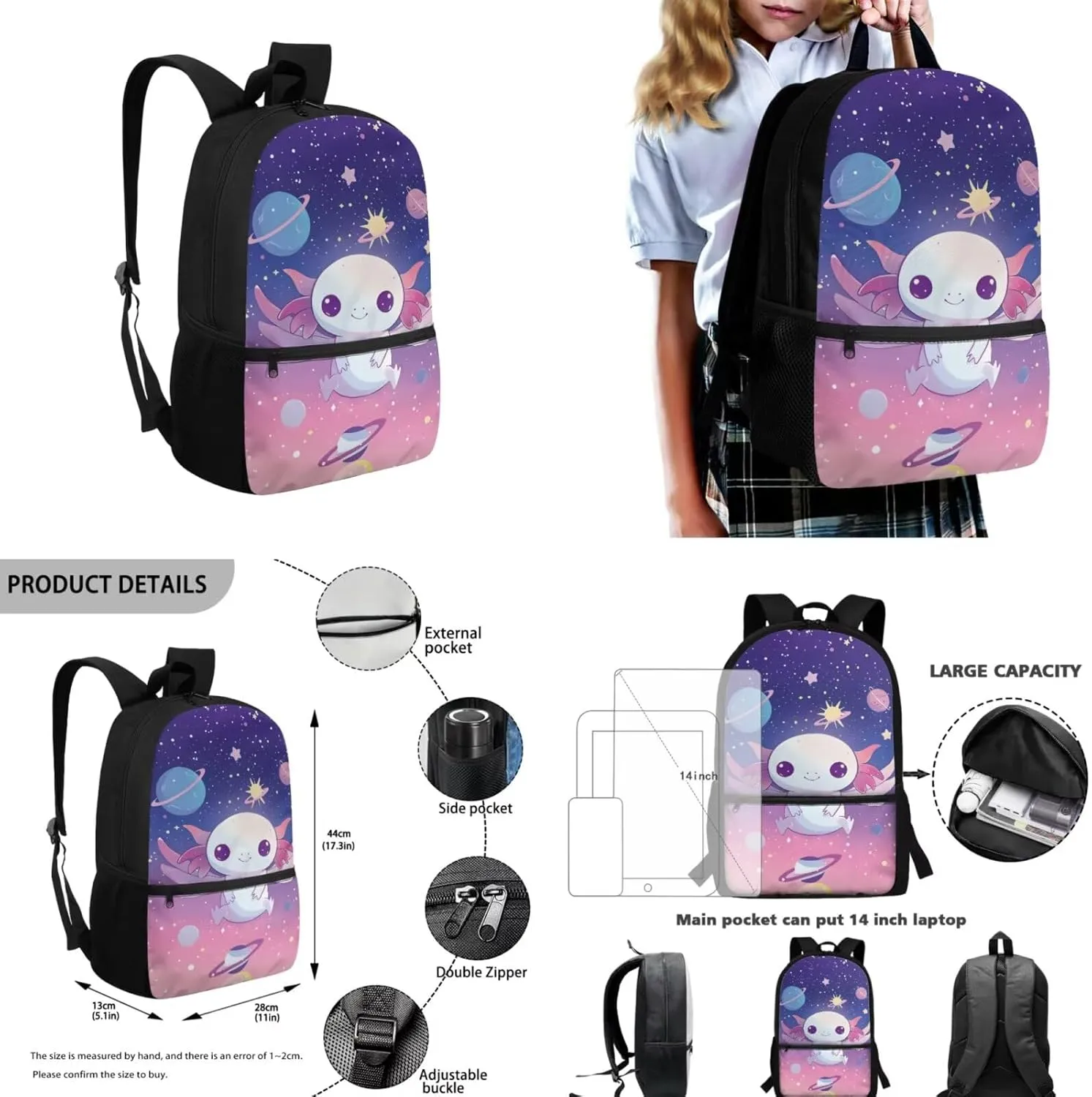 Axolotl Schoolbag Girls Elementary Backpack Girls 6Th Grade Large Capacity Shoulder Bag with Lunch Box Pencil Case Water Bottle Sleeve 4Pcs Set Bookbag for Camping Travel Sports