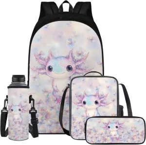 Axolotl Teens Backpack Travel 4PCS School Backpack with Lunch Bag Pencil Case Water Bottle Sleeve Lightweight School Bookbag for Middle School with Large Compartment