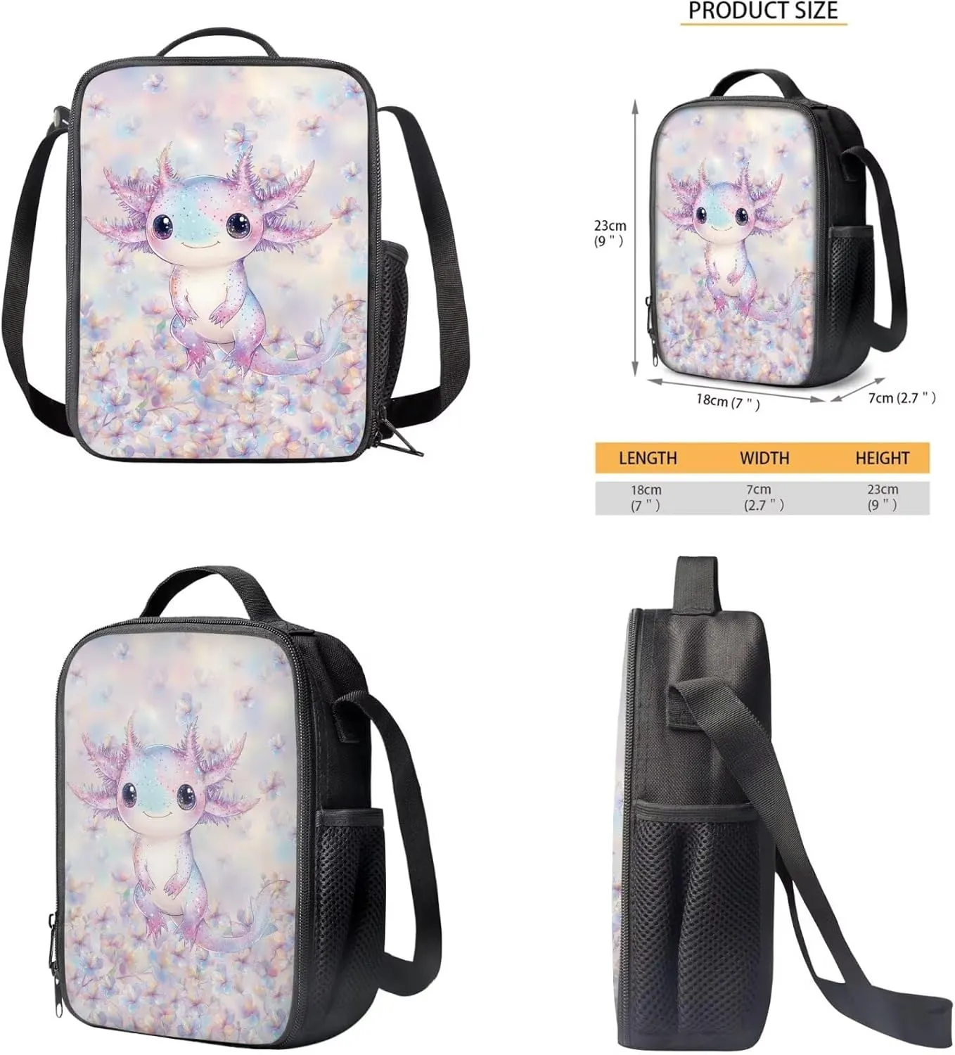 Axolotl Teens Backpack Travel 4PCS School Backpack with Lunch Bag Pencil Case Water Bottle Sleeve Lightweight School Bookbag for Middle School with Large Compartment