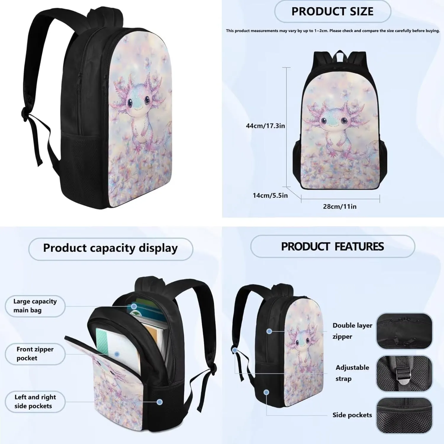 Axolotl Teens Backpack Travel 4PCS School Backpack with Lunch Bag Pencil Case Water Bottle Sleeve Lightweight School Bookbag for Middle School with Large Compartment