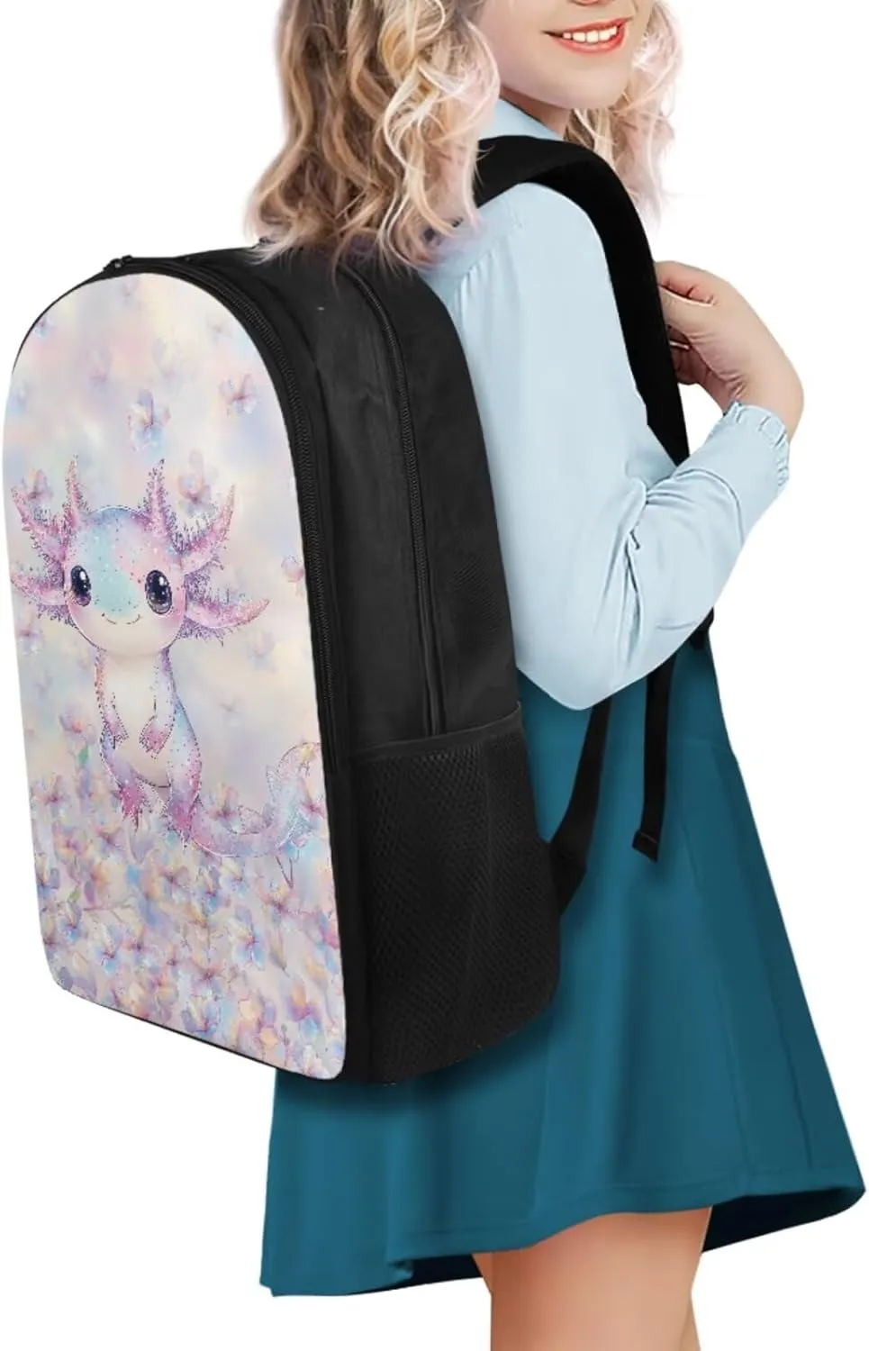 Axolotl Teens Backpack Travel 4PCS School Backpack with Lunch Bag Pencil Case Water Bottle Sleeve Lightweight School Bookbag for Middle School with Large Compartment
