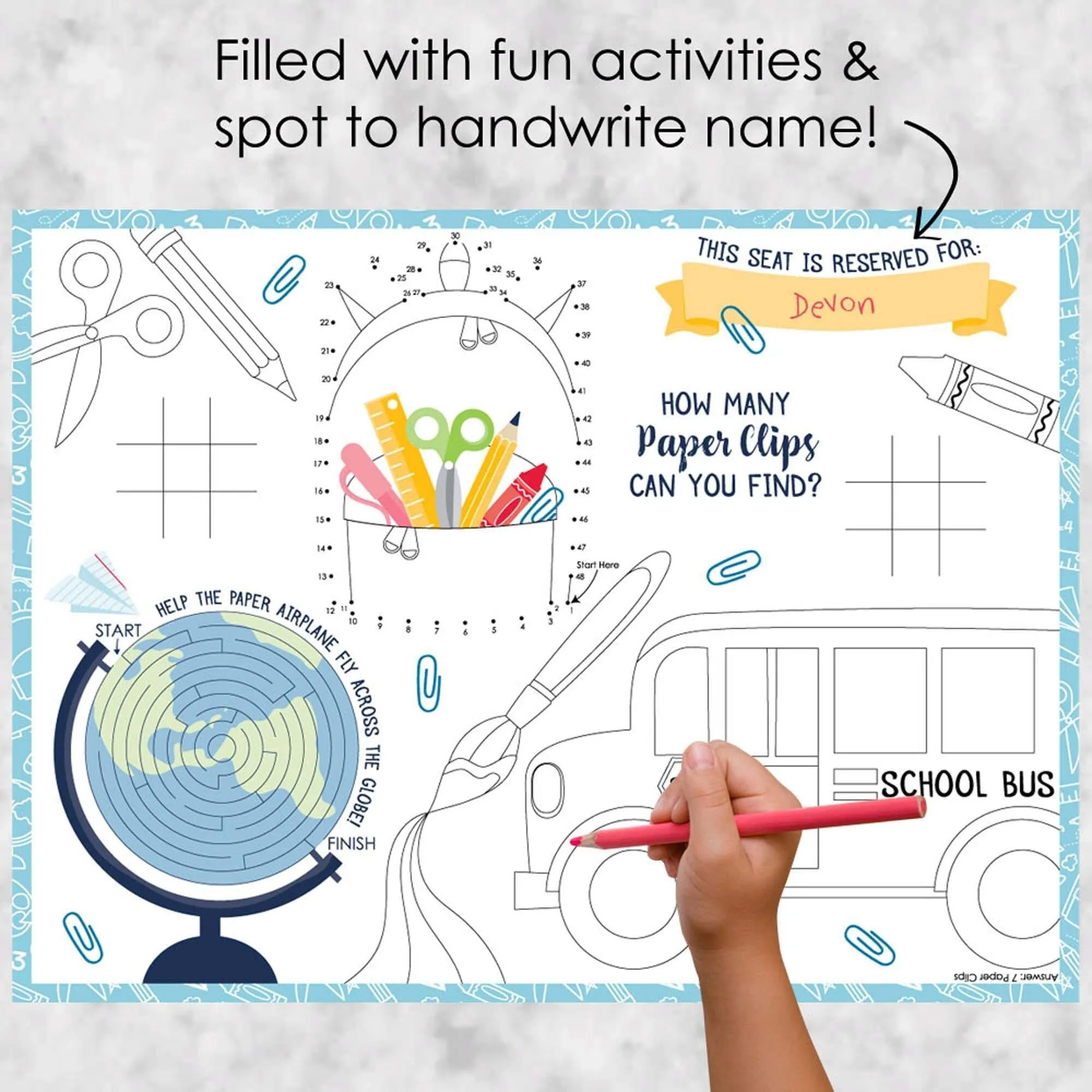 Back to School - Paper First Day of School Classroom Decorations Coloring Sheets - Activity Placemats - Set of 16