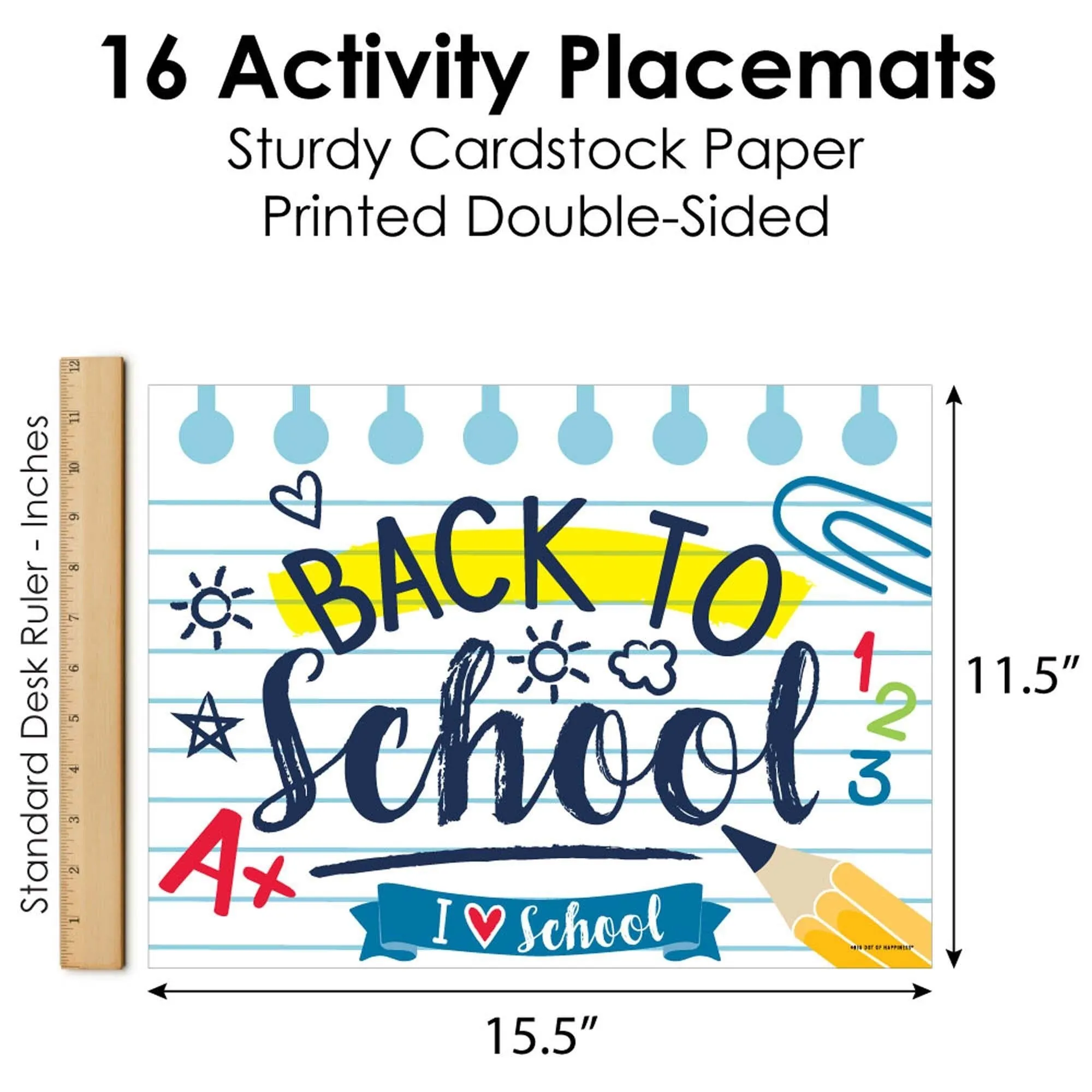 Back to School - Paper First Day of School Classroom Decorations Coloring Sheets - Activity Placemats - Set of 16