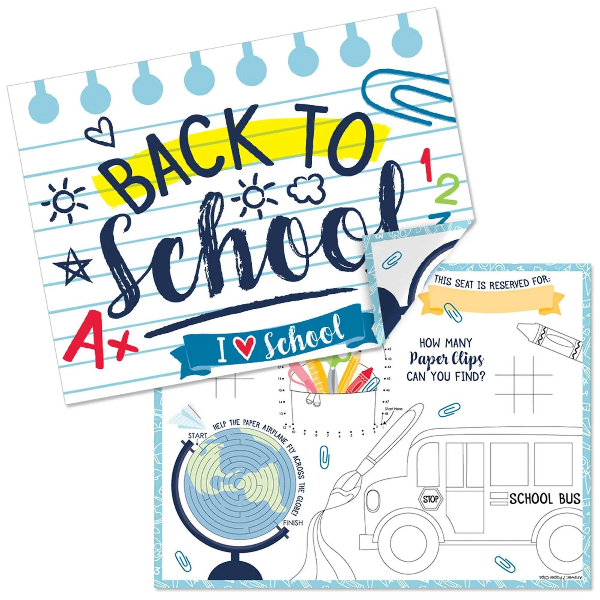 Back to School - Paper First Day of School Classroom Decorations Coloring Sheets - Activity Placemats - Set of 16