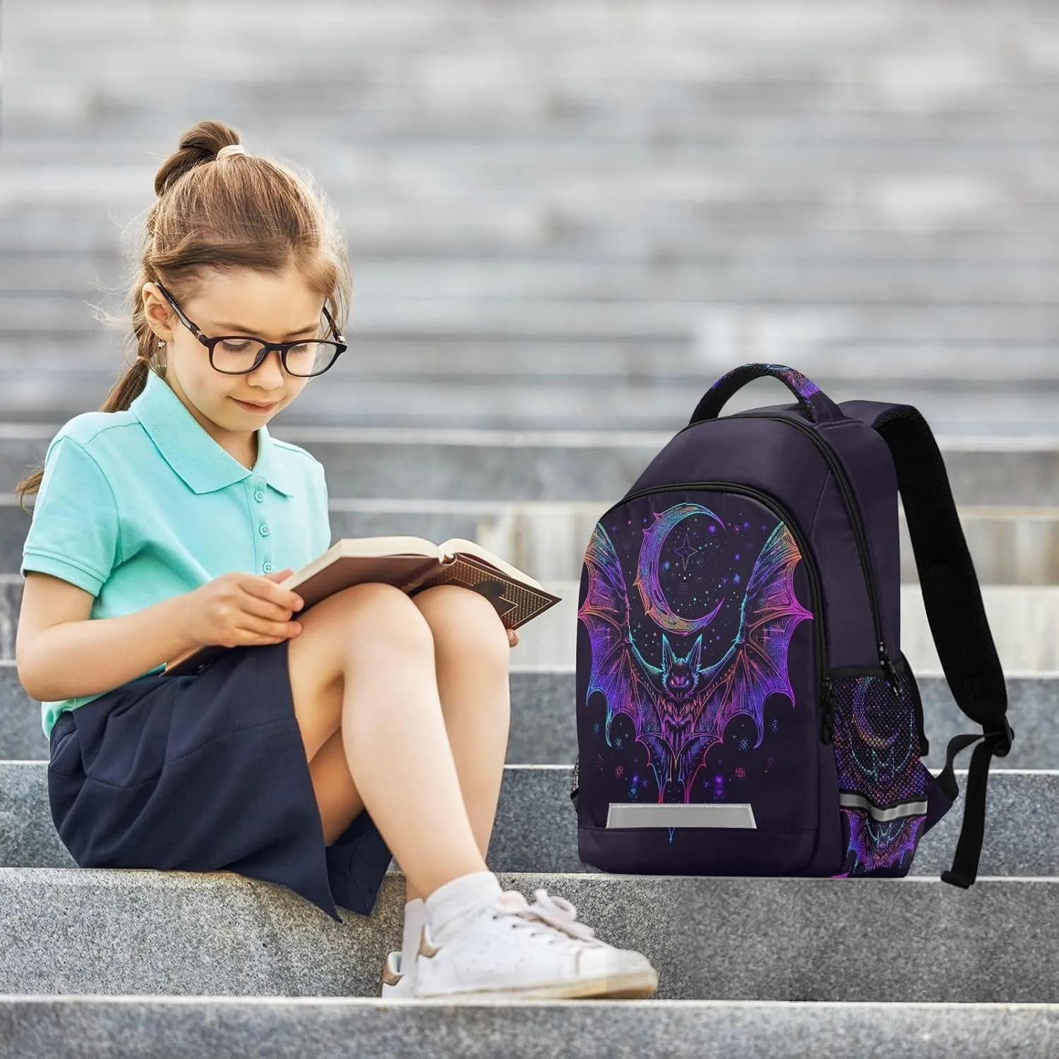Backpack for Students Boys Girls Neon Bat Crescent School Bag Travel Daypack Rucksack