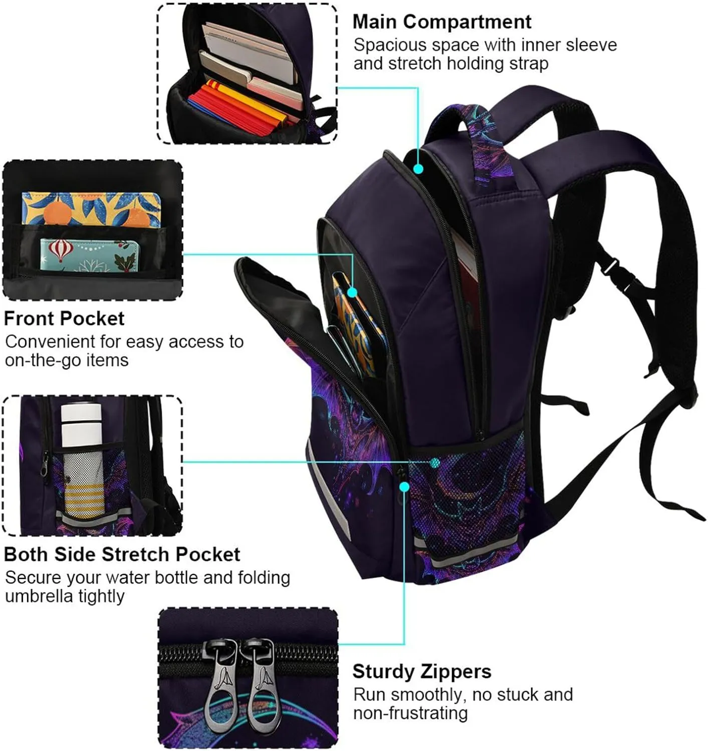 Backpack for Students Boys Girls Neon Bat Crescent School Bag Travel Daypack Rucksack
