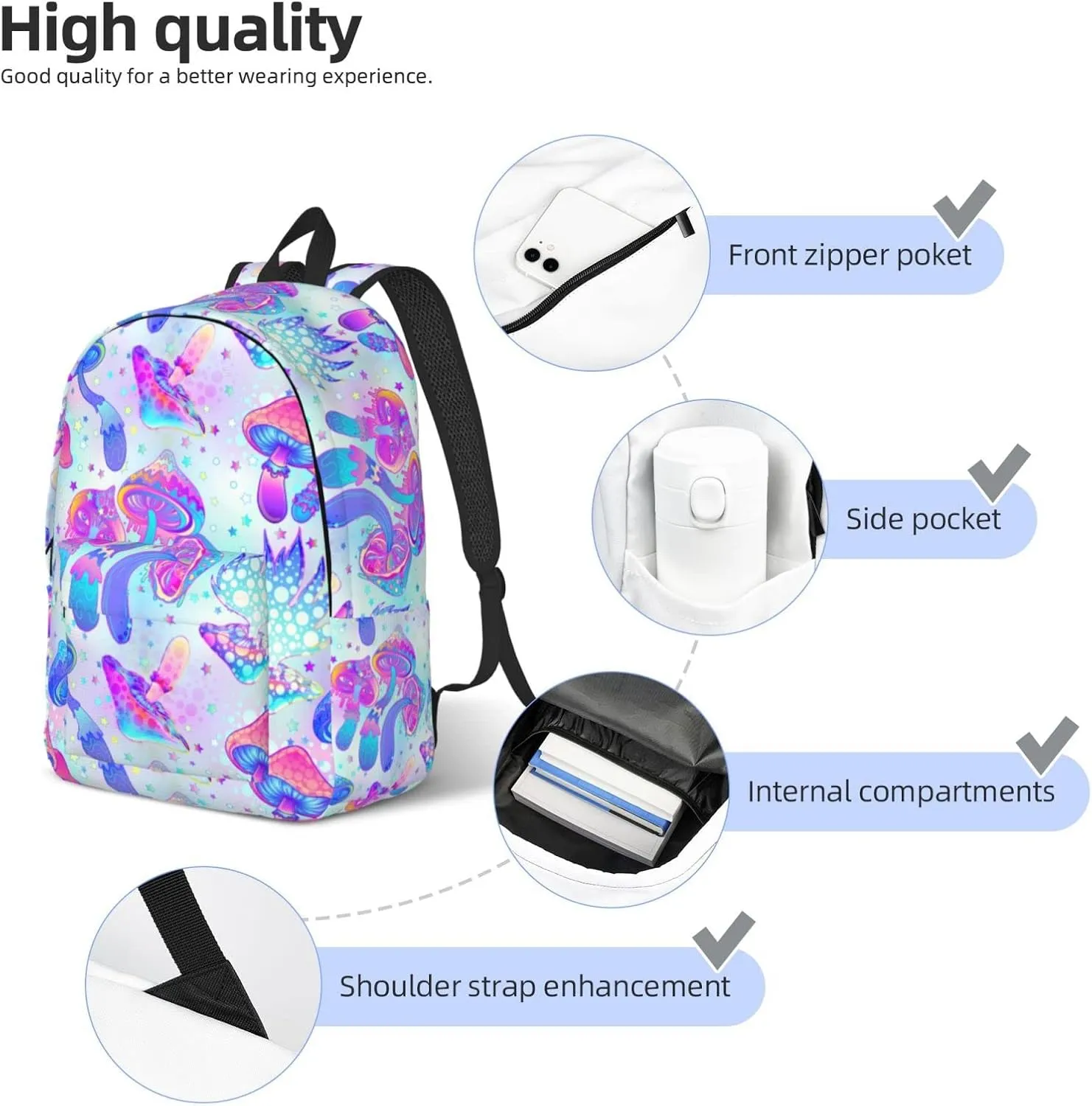 Backpack Magic Mushroom Trippy Hippie Bright Laptop Rucksack School Bookbag Casual Daypack for 3th 4th 5th Student Teens Travel Hiking 16 Inch