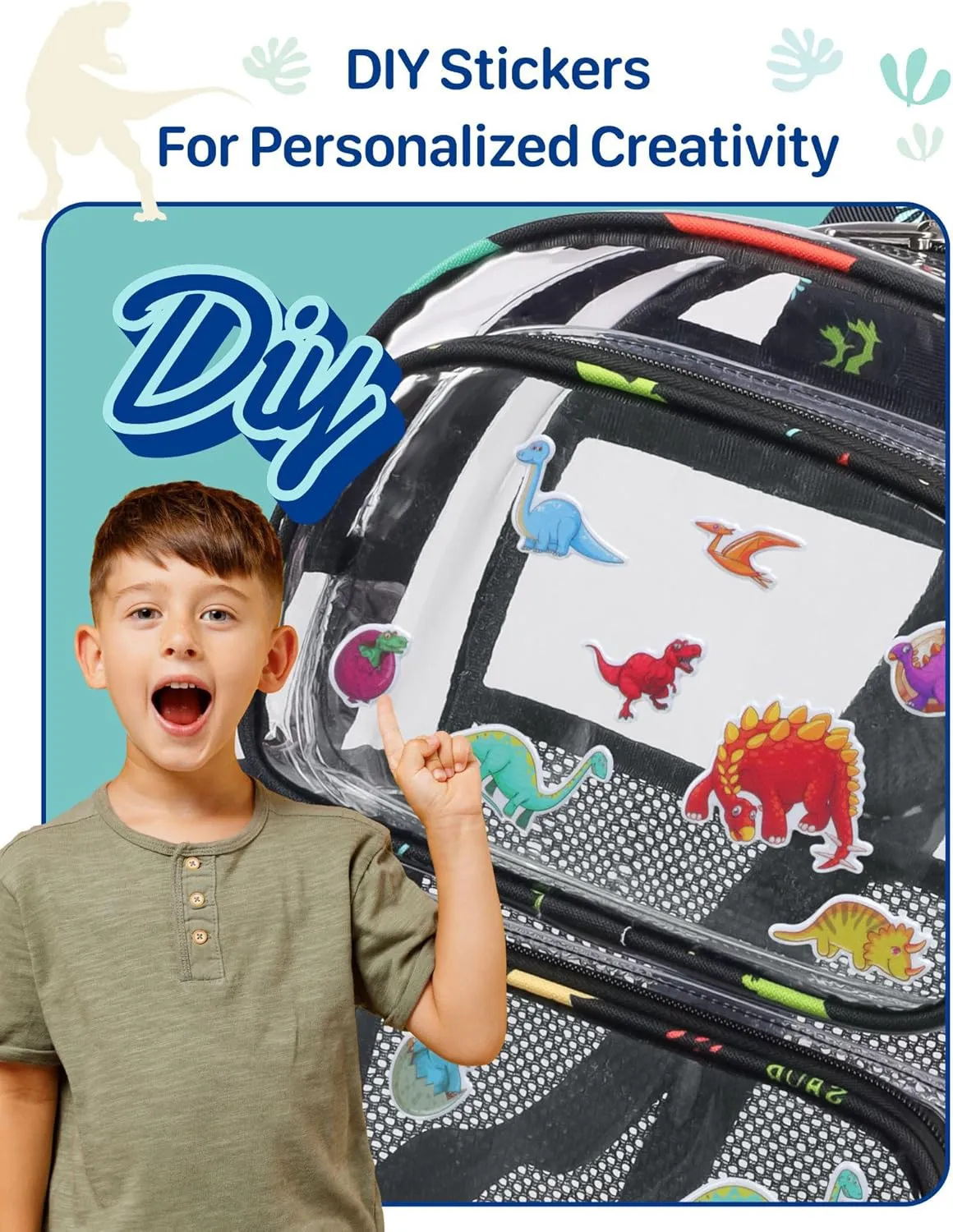 Bagseri Clear Backpack for Boys - 15 Inch Clear Bookbag for Kids Aged 3 to 8 Heavy Duty See Through Backpack for School, Safe with Reflective Strip, Black Dinosaur